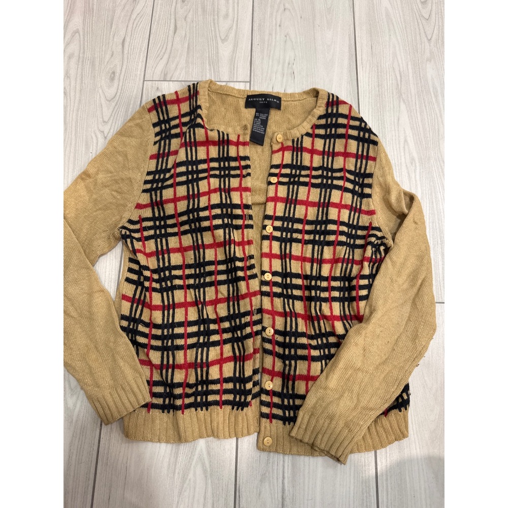 August Silk Knits Plaid Cardigan Sweater Tan Silk Angora Blend XL